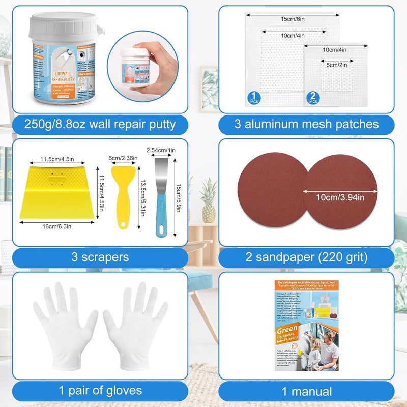 LifeisLuck Drywall Repair Kit, Drywall Patch Repair Kit with 8.8OZ White Wall Repair Putty, Scraper Sandpapers Gloves for Heavy Duty Plaster Wall Repair, Easy to Fill Holes in Home Wall & Quick Repair Crack - Image 3